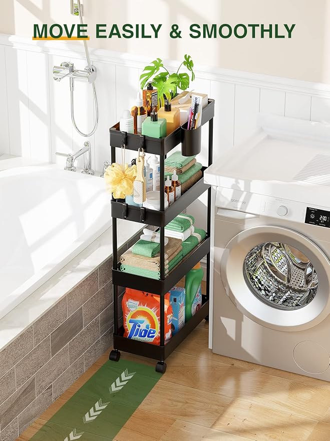 LEHOM Slim Rolling Storage Cart - 4 Tiers Bathroom Organizer Utility Cart Slide Out Storage Shelves Mobile Shelving Unit for Kitchen, Bedroom, Office, Laundry Room, Small Narrow Spaces（7.1" W+Black）