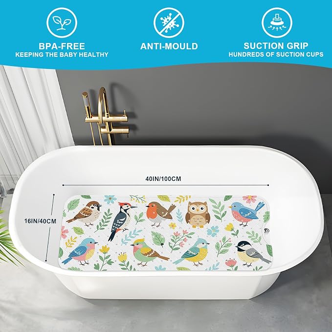 XIYUNTE Baby Bath Mat for Tub Non Slip Kids, BPA Free Extra Long Bathtub Mat 40x16 with Drain Holes and 200 Suction Cups, Non Toxic Machine Washable Toddler Bath Mat, Eco-Friendly Certified