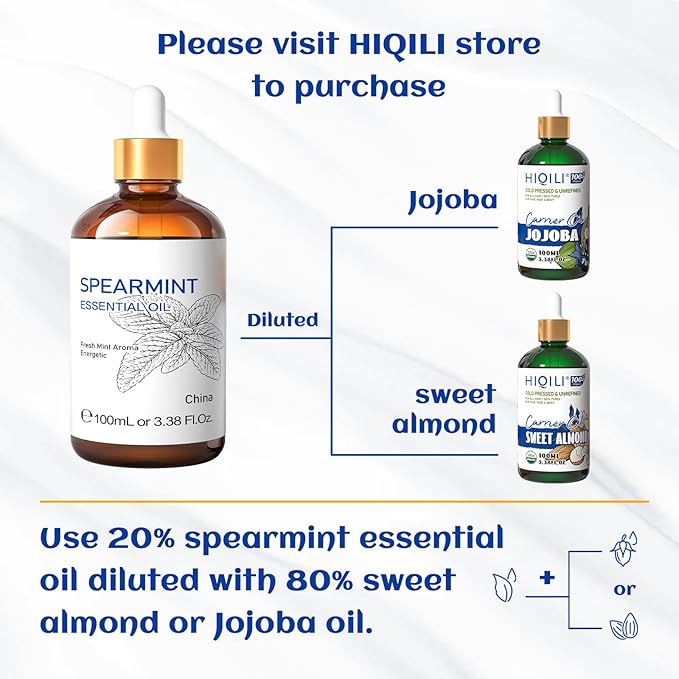 HIQILI 100ML Spearmint Oil for Skin Care, Facial, Can be Added to Lotions, Creams -100% Pure Natural Treatment Grade - 3.38 Fl Oz