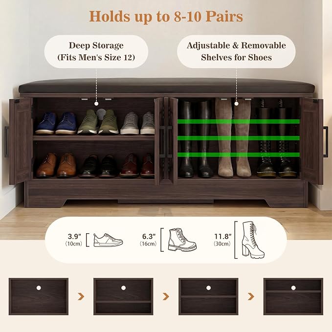 Farmhouse Shoe Storage Bench with Cushion - 43.3" Entryway Bench with Storage & 4 Barn Doors, 2-Tier Wooden Shoe Rack Bench, Shoe Cabinet & Mudroom Bench for Bedroom Hallway Living Room, Black Walnut