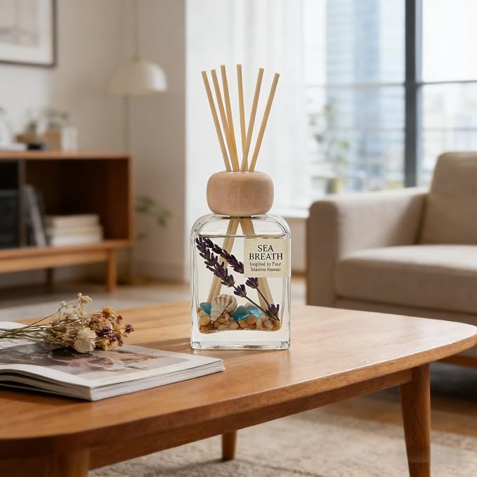 Sea Salt Reed Diffuser for Bathroom & Bedroom - 3.38 Fl Oz, Ocean Breeze Home Fragrance for Women, Coastal Beach Decor with Seashells, Spa Aromatherapy, Non-Toxic Long Lasting & Gift Ready