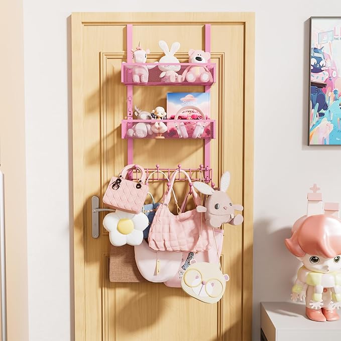 Consumest Over The Door Hooks Organizer - 3 Tier Door Hanger with 9 Coat Hooks & 2 Mesh Basket, Back Storage Organizer Hanging Towels for Bathroom, Bedroom, Pink