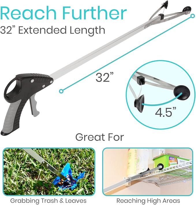 Vive Suction Cup Grabber Reacher 32" (2 Pack) - Elderly Grab It Reaching Pickup Tool Heavy Duty for Seniors - Trash, Sticks, Litter Picker Upper - Extra Long Reach Handle & Handy Extension Arm Claw