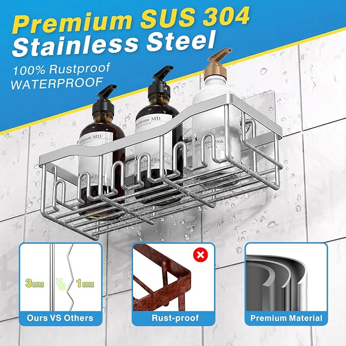 EUDELE 5-Pack Rustproof Stainless Steel Shower Caddy – No Drill Adhesive Bathroom Organizer with Large Capacity, Spacious Shower Shelves for Inside Shower, Kitchen & Home Decor Storage-XL Size