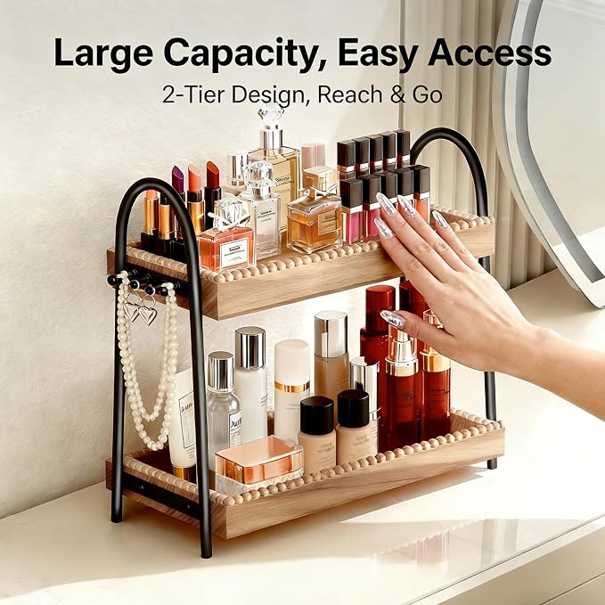 2-Tier Vanity Organizer Countertop for Perfume & Makeup, 17.3" Wooden Tray with 8 Jewelry Hooks for Dresser Bedroom, Elegant Skincare Storage Shelf for Women Coffee Bar Kitchen (Light Brown & Black)