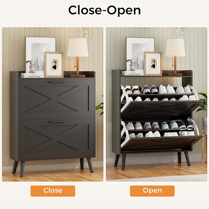Homleke 32" W Farmhouse Shoe Storage Cabinet with 2 Flip Drawers and Barn Door Design, Adjustable Shelves, Modern Hidden Slim Narrow Shoe Rack Cabinet for Entryway, Foyer, Hallway, Living Room, Black