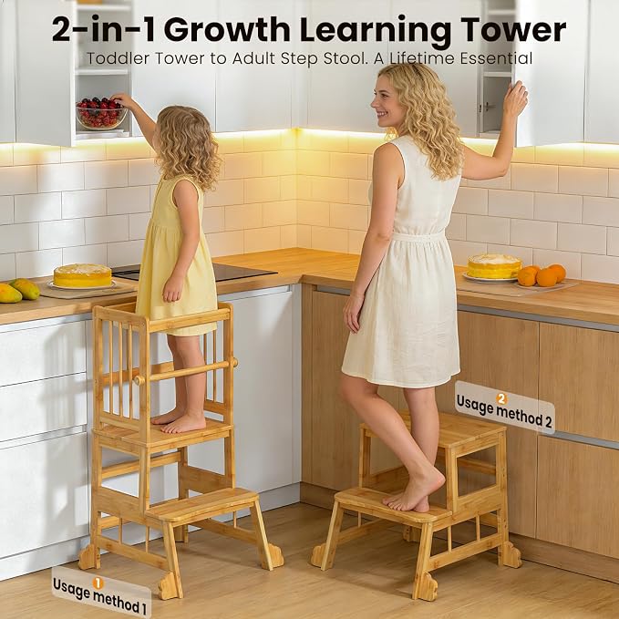 HBTower Kids Kitchen Step Stool with Safety Rails & Anti-Slip Feet,Toddler Standing Tower for Kitchen Counter Learning - Hold Up to 450lbs,Anti-Slip Feet Toddlers Learning Tower,Natural Bamboo