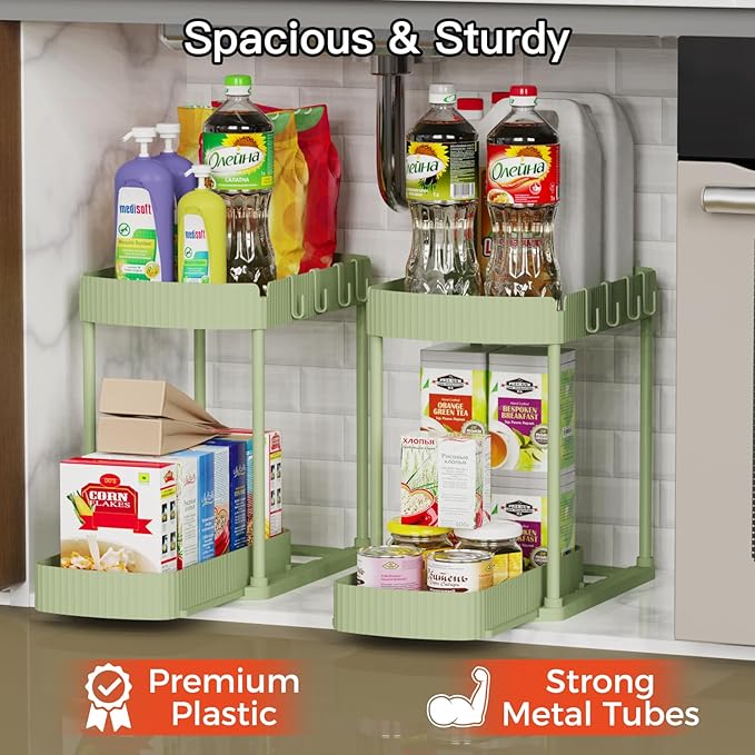 Ukeetap 2 Pack Multi-Purpose Pull-Out Storage Organizers, Under Sink Organizers and Storage for Bathroom & Kitchen, Under Cabinet Organizers and storage, 14.8 Inch, Green