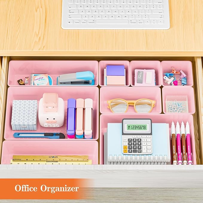 SpaceHacks 25 PCS Plastic Drawer Organizer Set, 4-Size Versatile Organizer Trays & storage Bins for Makeup, Jewelry, and Gadgets in Bathroom, Bedroom and Office, Pink