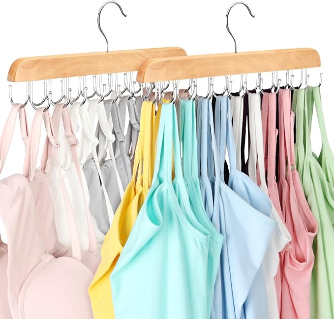 Bra Hanger for Closet, Tank Top Organizer 20 Hooks Capacity Foldable Wood Space Saving Hanger Closet Organizers and Storage for Dorm & Apartment for Tank Top, Hats etc.-2 Pack