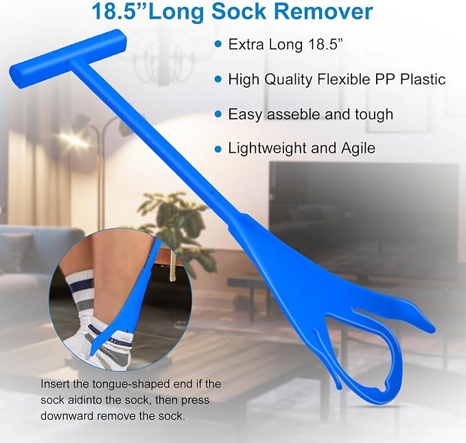 Jellas 4.0 Inch Wide Sock Aid Kit - Long Rope Assist Device for Seniors, Limited Mobility, Post-Surgery | No Bend Sock Helper & Remover | Easy On/Off Socks Tool (Blue)