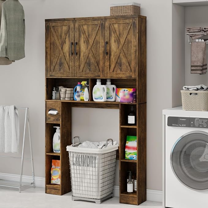 Over The Toilet Storage Cabinet, Farmhouse Toilet Cabinet Rack with 3 Barn Doors, Space Saving Bathroom Organizer with Shelves, Toilet Paper Holder and Towel Rack for Bathroom,Restroom, Dark Brown
