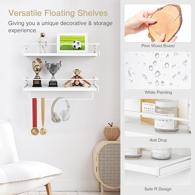 Forbena Bathroom Shelves for Wall Set of 2, White Nursery Floating Book Shelves for Kids Room, Small Wall Mount Bookshelf and Toy Storage Organizer for Baby Toddlers Teens Boys Girls Bedroom