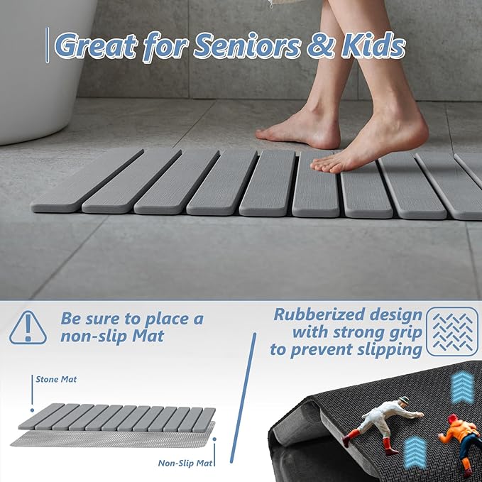 AWW Foldable Stone Bath Mat, Quick Dry Diatomaceous Earth Bath Mat with Non-Slip Mat, Super Absorbent, Easy to Clean, Compact for Small Bathrooms, 31.5 x 15.7, Grey