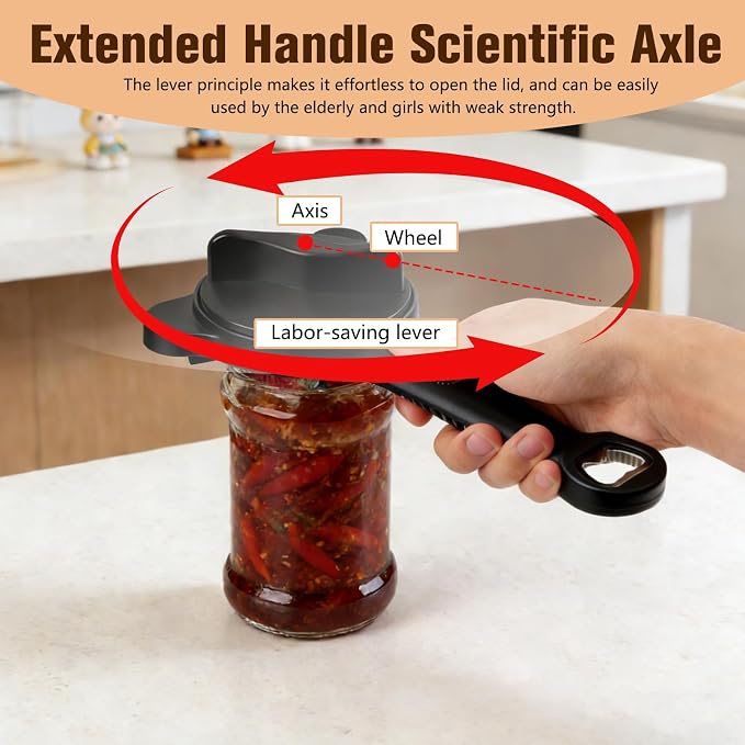 Multi-Functional 4-in-1 Jar & Bottle Opener, Adjustable Grip for Lids 1-3.5 Inches, Magnetic Stainless Steel Can Opener with Ergonomic Handle, Easy Open Kitchen Tool (1-Pack, Black)