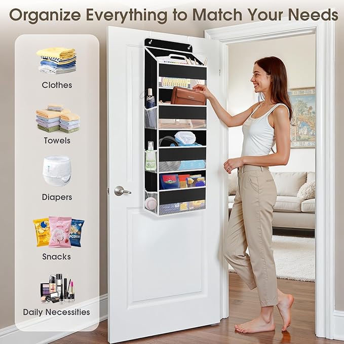 SpaceHacks 1 Pack Over The Door Organizer, Hanging Storage Organizer with Clear Window, 40lb Ultra Sturdy Large Capacity Room Organizer for Pantry Laundry Bathroom Nursery Closet (Black)