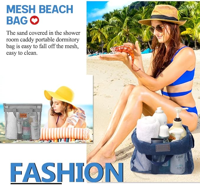 3 Pcs Portable Mesh Shower Caddy Tote, Quick Dry Tote Bag Mesh Beach Bags for Women, Hanging Toiletry and Bath Organizer for Travel Swimming Sports Gym Camp Shopping College Dorms (Black Gray D Blue)