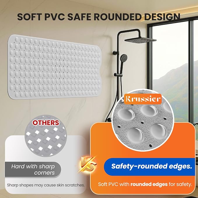 Non-Slip Bath Tub Mat, 39x16 Inch Extra Large Shower Mat with Drain Holes & Suction Cups, Machine Washable, Clear Blue