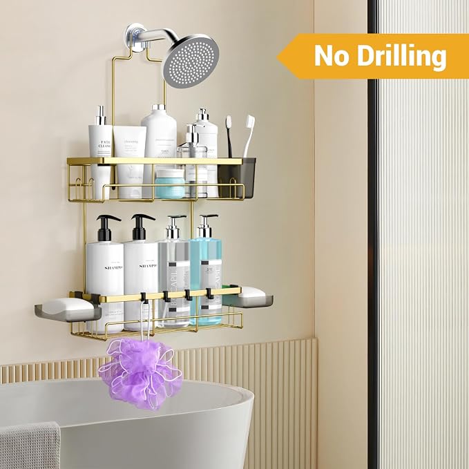 AKTECKE Shower Caddy Hanging Bathroom Organizer: Rustproof Shelf for Inside Shower - No Drilling Racks Over Showerhead - Bath Shelves for Shampoo Soap Gold