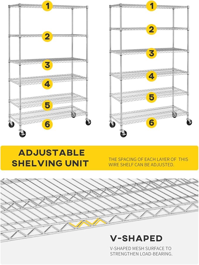 BestOffice | 6-Tier Wire Storage Shelves with Wheels | 18x48x78 | Chrome | Adjustable Racks | Heavy-Duty Metal Shelf, Holds Upto 600 lbs | No-Tool Assembly | Ideal for Home & Garage Shelving