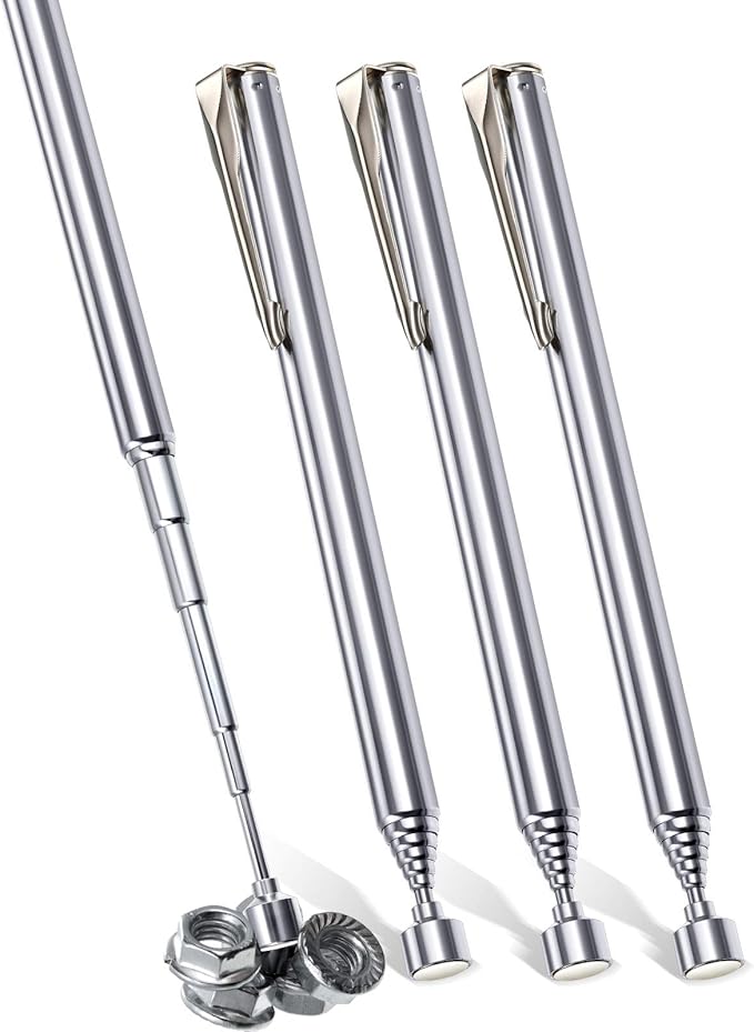 Patelai 4 Pieces Telescoping Magnetic Pick up Tool Grabbers Reacher Tools with Pocket Clip 25 Inch Telescopic Retrieving Magnet Gift for Man, Father, Mechanic, Handyman, Husband (Silver)