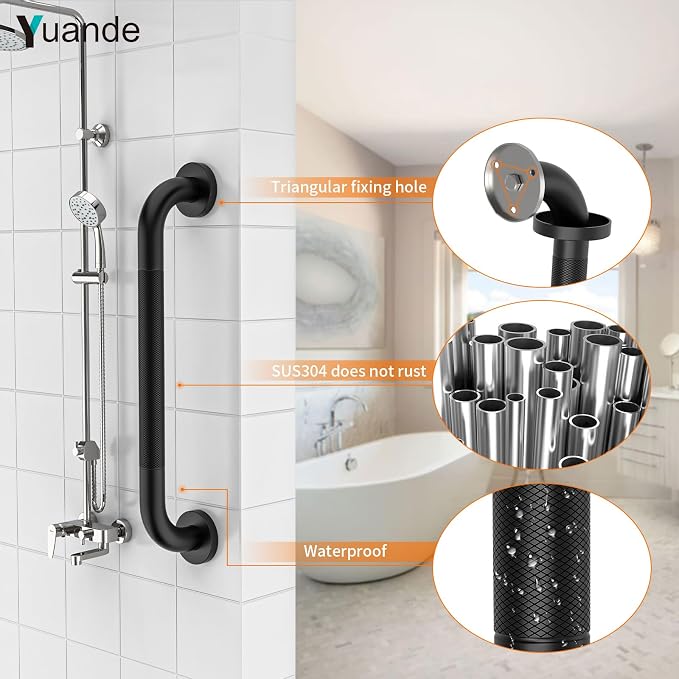 20 Inch Black Shower Grab Bar with Anti-Slip Knurled Grip,YuanDe Stainless Steel Bathroom Grab Bars，Shower Handrail Support, Handicap Elderly Balance Assist Handles