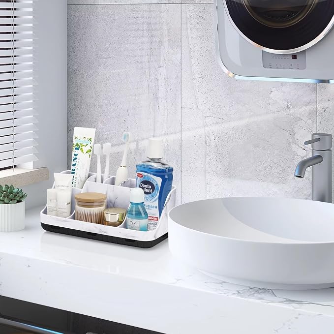 GFWARE Marble Bathroom Countertop Organizer - Detachable 7 Slots Kids Electric Toothbrush and Toothpaste Holde Drainage for Bathroom Accessories Organization Counter Vanity Storage, Black