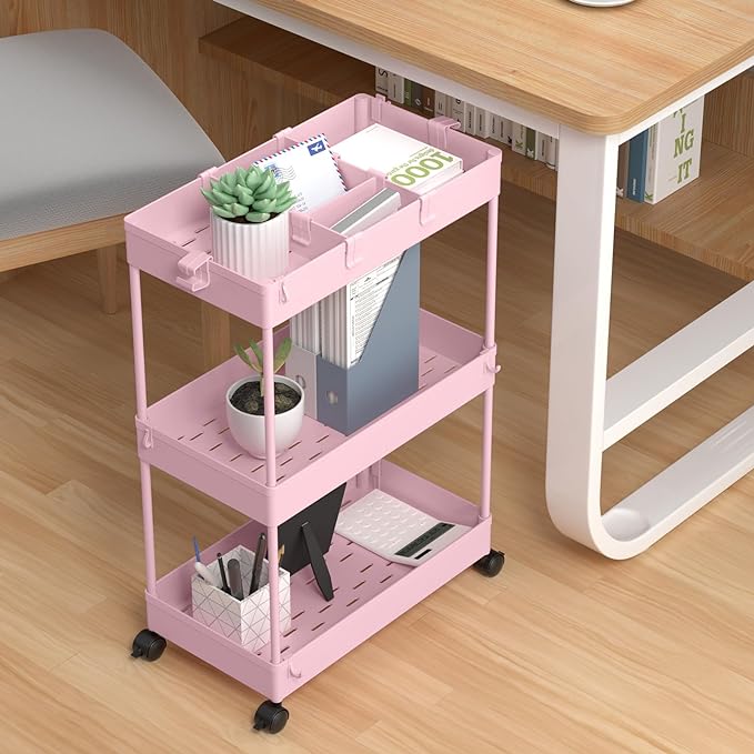 SPACELEAD 3 Tier Rolling Cart with Wheels, Storage Craft Art Trolley Organizer Serving, 3 Hanging Baskets Easy Assembly, for Office, Living Room, Kitchen, Pink