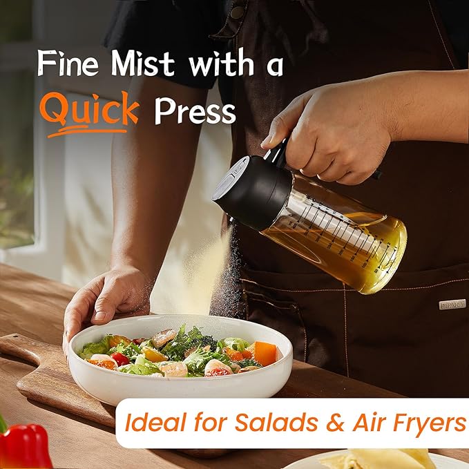TrendPlain 16oz/470ml Glass Olive Oil Sprayer for Cooking – 2 in 1 Olive Oil Dispenser Bottle for Kitchen Gadgets and Air Fryer Accessories, Salad, BBQ - Black & Green