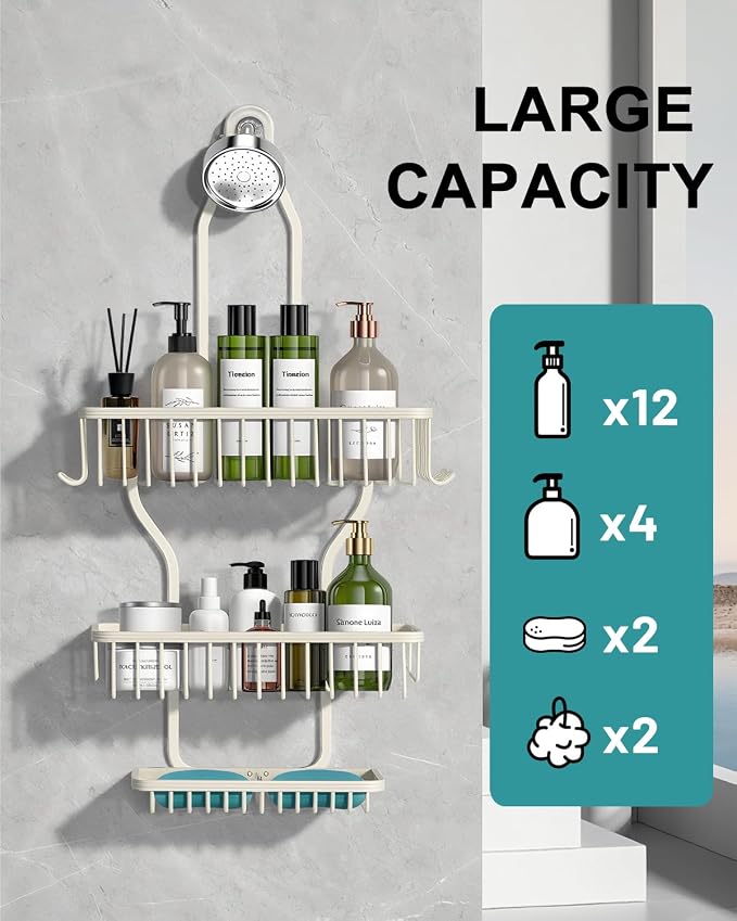 Shower Caddy Hanging - Never Rust Shower Hanging Organizer - Aluminum Over the ShowerHead Caddy with Soap Basket and 6 Hooks for Razor/Sponge (Milky White)