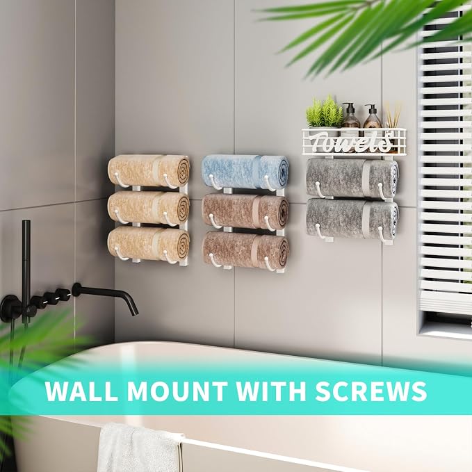 HapiRm Towel Racks for Bathroom Storage - 9 Tier Over The Door & Wall Mount Rolled Towel Storage Organizer Holder with Metal Shelf Basket for Small Bathroom, Camper, Rv - White, Patented
