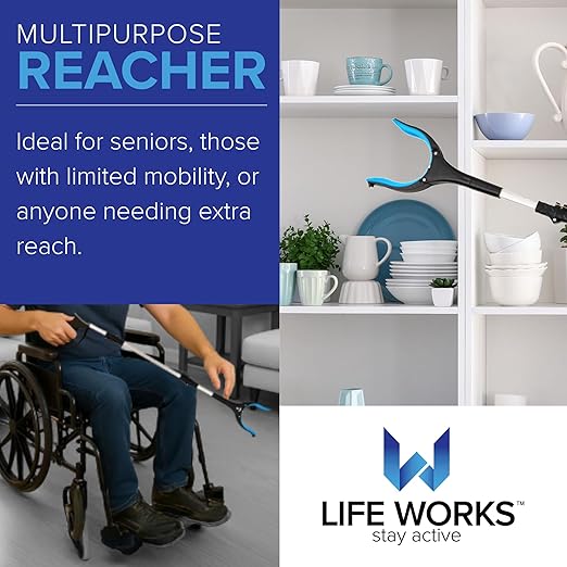 LIFE WORKS Reacher Grabber Tool, 360° Rotating Head, Lightweight 36" Foldable Arm, Ergonomic Grip, 4.5" Wide Jaw, Mobility Aid, Portable Picker Upper Tool for Seniors & Limited Mobility, 1 Pack
