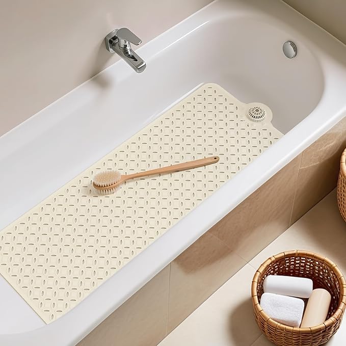 OTHWAY Bath Mat for Tub Non Slip: 39" X 17" Long Bathtub Mat with Hair Catcher│Big Drain Holes Shower Mats for Inside Shower│Machine Washable (Beige)