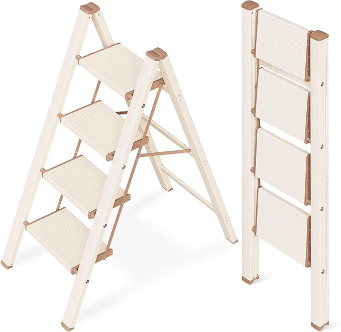 4 Step Ladder, Aluminum Folding Step Stool with Anti-Slip Sturdy and Wide Pedal, Lightweight Portable Stepladder for Home and Kitchen Use Space Saving, 330 lbs, Chocolate White