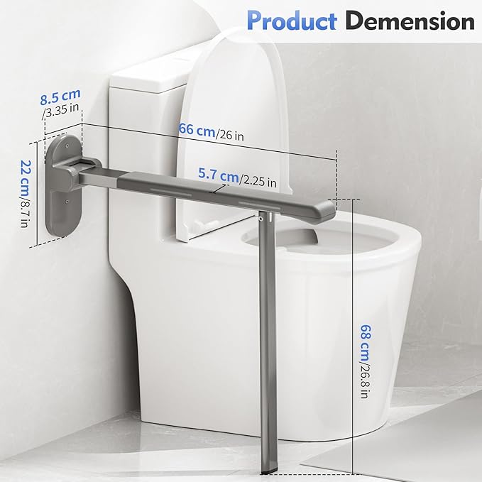 Flip Up Grab Bar with Support Leg, 26.8" high Toilet Safety Rails for Seniors, Wall Mounted Toilet Grab Bars for Disabled and Elderly, Space-Saving Foldable Handicap Bars for Bathroom