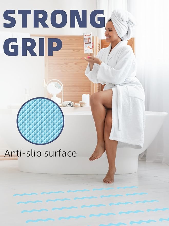 Secopad Patented Anti Slip Shower Stickers, 24PCS Adhesive Decals Safety Strips with Scraper for Bath Tub, Shower Floor, Stairs, Blue, 0.8"*8"
