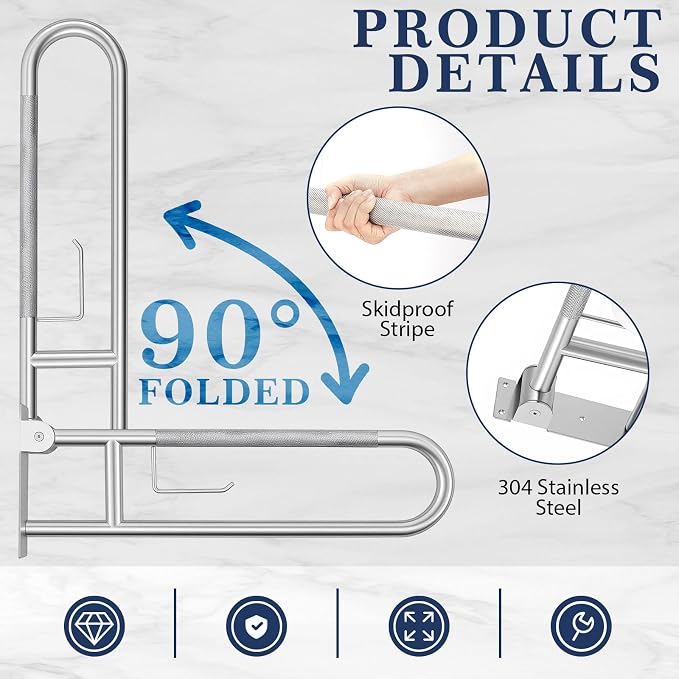 Zonon 3 Pcs Shower Grab Bar Set 30.3 Inch Flip-up Toilet Grab Bar with Paper Holder, 2 Pcs 16 Inch Stainless Steel Shower Handles for Elderly, Disabled, Pregnant Anti-Slip Safety Bathroom Handrails