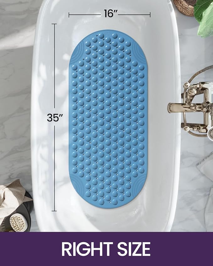 DEXI Bathtub Mat Non Slip 16x35, Shower Floor Mats for Bathroom Bath Tub, Washable Oval Bathmat with Suction Cups and Drain Holes, Blue