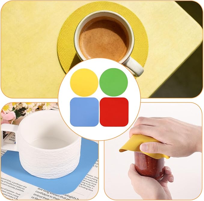 4pcs Rubber Jar Opener, Rubber Bottle Opener Pads Non-Slip Texture Jar Lid Remover for the Elderly or Users with Weak Hands (Red & Blue Square and Yellow & Green Circle)
