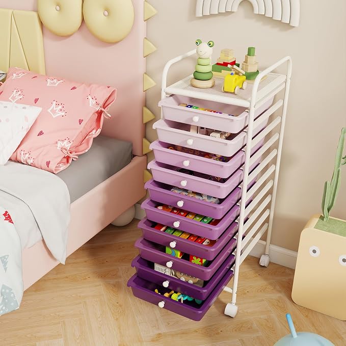 10-Drawer Rolling Storage Cart, Trolley w/Lockable 360° Wheels, 10 Removable PP Drawers, Sturdy Metal Frame, Rolling Utility Cart Perfect for Home, Office, Classroom (Gradient Purple)
