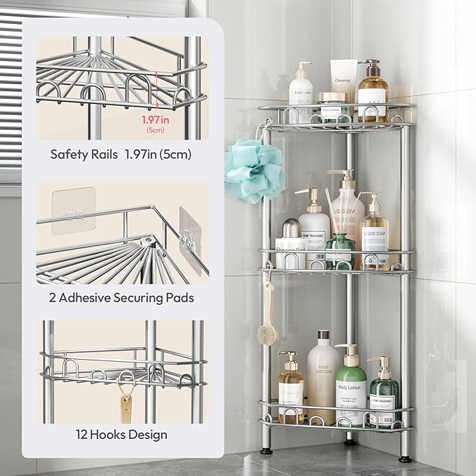 SWTYMIKI Standing Shower Caddy Corner - 3‑Tier Stainless Steel Shower Organizer Shelf with 12 Hooks and Adhesive Pads, Rustproof Corner Shelves Stand Rack for Bathroom Shower Room, Silver