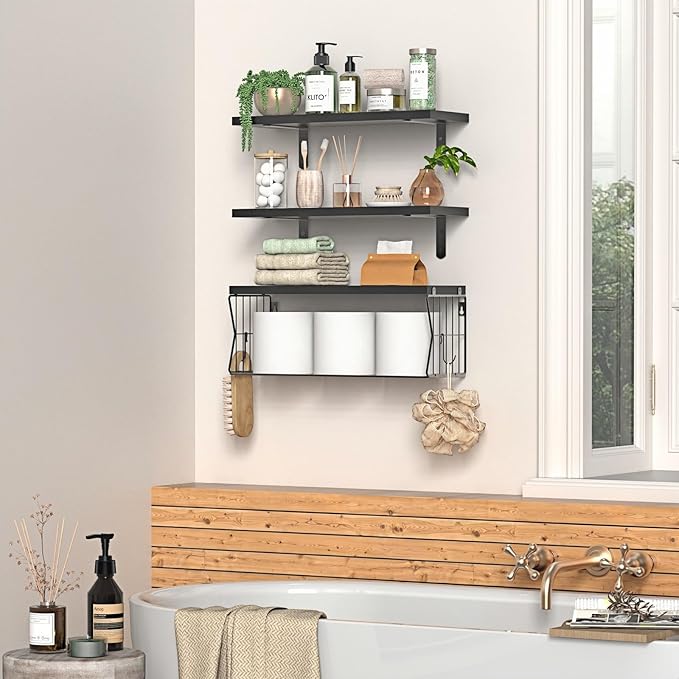 Floating Bathroom Shelves Wall Mounted - Wooden Shelf Set of 3 for Over Toilet Storage & Modern Bathroom Decor - Perfect Wall Shelving Organizer for Apartments RVs Powder Rooms Restroom - Black
