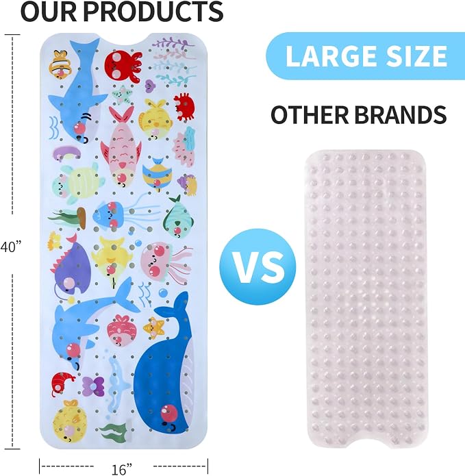 Baby Bath Mat for Tub Non Slip Kids Bathtub Mat Extra Long 40X16 Inch Toddler Bath Tub Shower Mat Anti Slip with Suction Cups & Drain Holes, Machine Washable (Sea Fish)