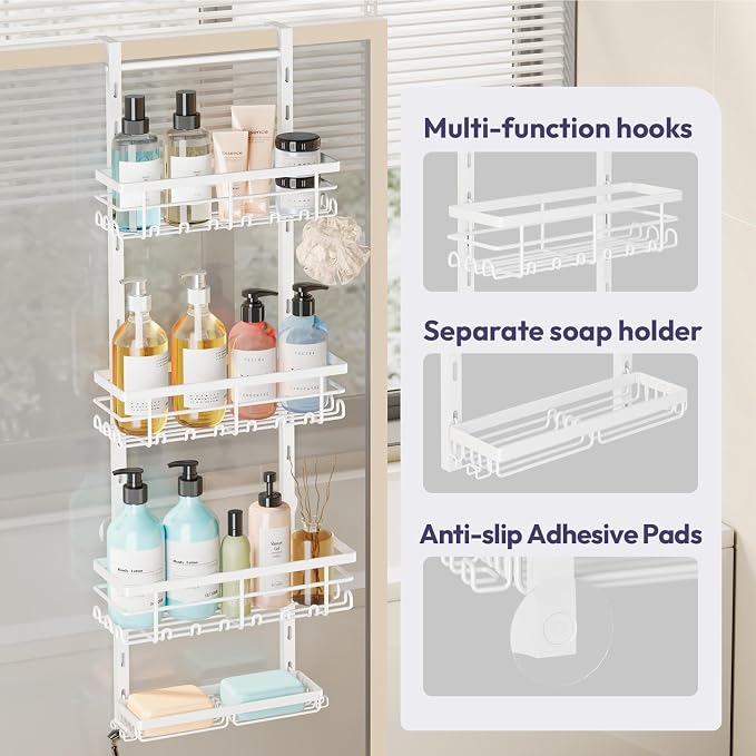 SWTYMIKI Over The Door Shower Caddy - 4 Tier Rustproof Hanging Shower Organizer with Adjustable Shelves, 40 Hooks & Soap Holder, Hanging Shower Rack Storage for Bathroom Accessories, White