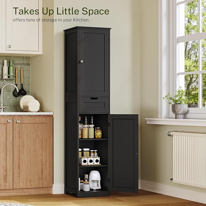 TEENFON 67" H Tall Storage Cabinet with 2 Doors and 1 Drawer, Narrow Black Cabinet with Adjustable Shelves, for Bathroom, Living Room, Entryway, Kitchen, Black