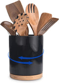 QUELIEN Utensil Holder, 360° Rotating Ceramic Kitchen Utensil Holder for Countertop, 7.7" Utensil Crock for Kitchen Counter with Rotatable Wooden Base,Ideal Housewarming Gift & Mothers Day Gift