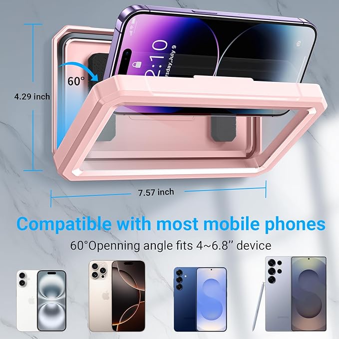 Coolpow Shower Phone Holder Waterproof【480°Rotatable】Retractable Adjustable Shower Phone Case Shower Stall Accessories for Bathroom Wall Phone Mount Stand Water Proof Anti Fog Case for 4-7"Cellphones