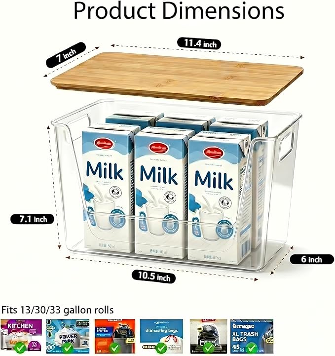 2 Pack Pantry Organizer and Storage with Bamboo Lid, Stackable Trash Bag Dispenser Under Sink Organizer for 4-33 Gal Bags, Pantry Organizers Storage for Onion, Potato, Fruit, Vegetable, Snack
