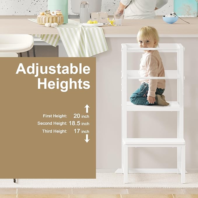 INNOD Kitchen Step Stool for Toddlers, Height Adjustable Toddler Tower with Safety Rail, Steel and Wood Toddler Kitchen Stool Helper Kids, Stool for Kids, Learning Tower, Kids' Desk White