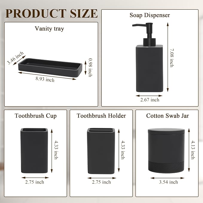 YMXYJM Bathroom Accessories Set, 6 Piece Bathroom Set with Toothbrush Holders, Soap Dispenser, Vanity Tray, Tumbler, Cotton Swab Jars, Bathroom Organizer，Bathroom Sink Sets, Matte Black